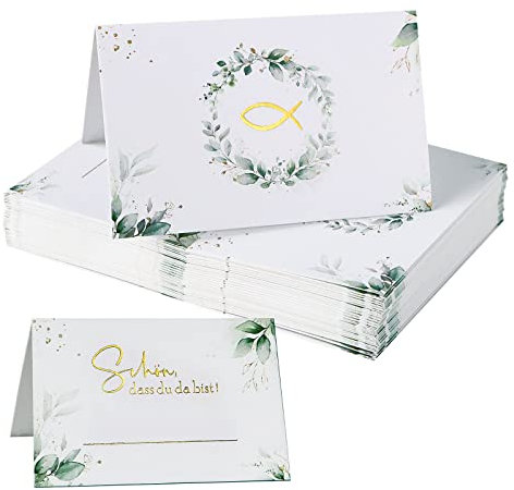 BHGT 50 Stück Tischkarten Hochzeit Taufe Kommunion Konfirmation Tischkärtchen Schön dass du da bist mit Fisch Platzkarten Namenskarten zum Beschriften Tischdeko Geburtstag
