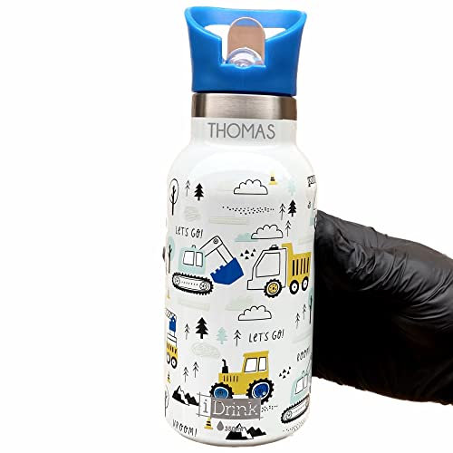 I-Drink Gourde 350 ml Thermique Acier Bottles Thermos Kids IDRINK INCISION INCLUS (350 ml) - Personnalisation avec texte de votre choix (Tracteurs)