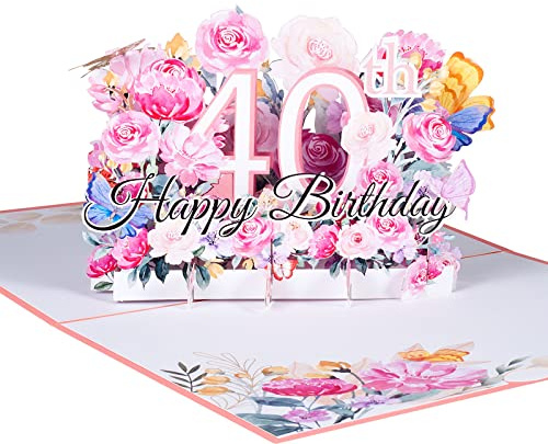 ANEWISH Biglietto Auguri Compleanno Pop Up 3D, Fiori Rosa e Farfalle, 40 Anni, Biglietto di Auguri