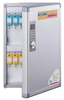 TUKA-i-AKUT Schlüsselkasten 24 Haken mit Elektronikschloss, Abschließbar Metall Schlüsselschrank Wandmontage, Aluminium Schlüsseltresor, farbige Schlüsselanhänger und Zahlenschloss, TKD8651-24