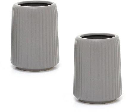 Pack Of 2 Matt Grey Ceramic Ridged Toothbrush Holder | Bathroom Caddy Toothbrush Pot Toothbrush Stand | Bathroom Tumbler Storage Cup
