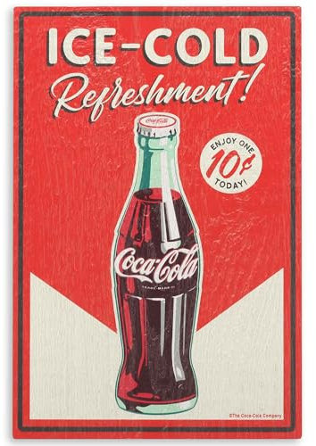 Coca-Cola Ice-Cold Refreshment Strukturiertes Holz Wanddekoration – Vintage Coca-Cola Schild für Küche, Männerhöhle oder Garage