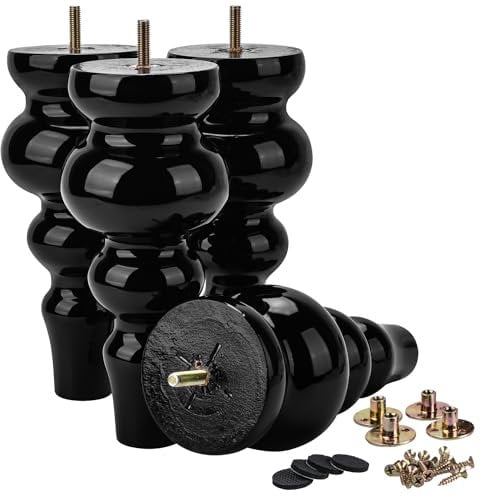 La Vane 8.5 inch / 22cm Wooden Furniture Legs, 4PCS Soild Wood Turned Spindle Walnut Replacement Spool Feet with Pre-Drilled M8 Inch Bolt & Mounting Plate for Couch Sofa Armchair Dresser Chest