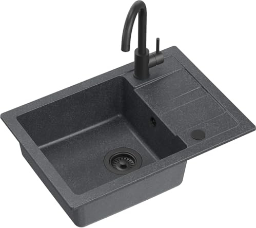 QUADRON Granitspüle Spülbecken Spüle Küche Granit | Größe 62 x 44 x 17,5 cm Beige | GO SMART Granitspüle Einzelbecken-Spüle | Einbauspüle mit Küchenarmatur | Einbeckenspüle Küchenspüle
