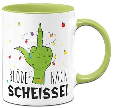 Tassenbrennerei Grinch Tasse - Blöde Kackscheisse - Weihnachtsasse lustig - Kaffeetasse mit Spruch - Weihnachts-Deko (Grün)