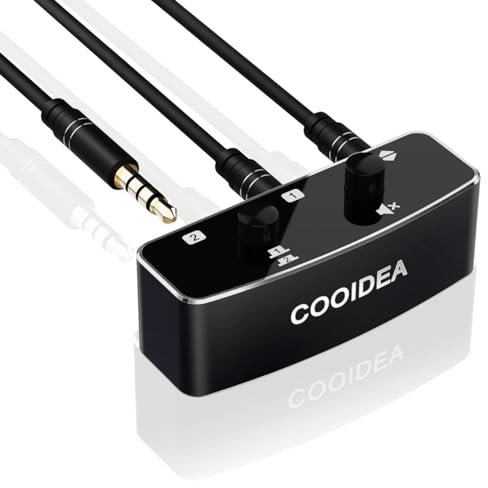 cooidea Commutatore audio stereo da 3,5 mm con pulsante mute, 1 ingresso, 2 uscite o 2 in 1, compatibilità TS TRS TRRS, nessun rumore di messa a terra, selettore audio HiFi per PC, telefono, laptop,