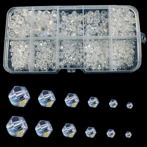 Gocelyn Lot de 900 perles bicônes en verre transparent de couleur AB - Perles rondes en cristal assorties pour la fabrication de bijoux, bracelets, pendentifs (2 mm, 3 mm, 4 mm, 5 mm, 6 mm, 8 mm)