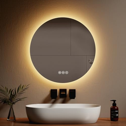 EMKE Badspiegel mit Beleuchtung Rund 60cm mit 3 Lichtfarbe Dimmbar, Antibeschlag, Touchschalter, Speicherfunktion, Energiesparend Badezimmerspiegel