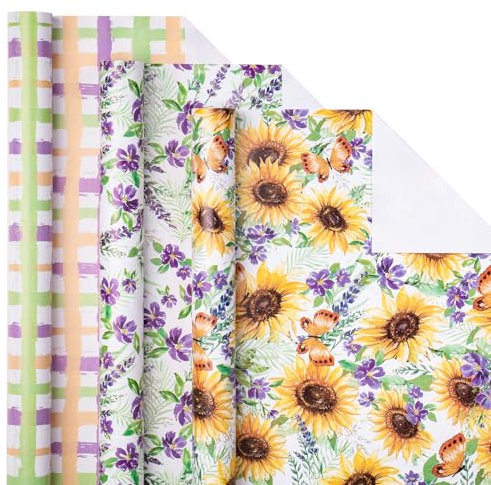 LeZakaa Geschenkpapierrolle mit Blumenmuster, Mini-Rolle, Sonnenblume/Violette Blume/Plaid-Design für Geburtstag, Babyparty, 43,2 x 304,8 cm, 3 Rollen (42,5 sq.ft.ttl.)