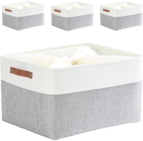 Mangata 4 Stück Aufbewahrungskorb Stoff, Aufbewahrungsbox groß Schrank, Korb Aufbewahrung Stoff mit Leder-Tragegriff für Spielzeug, Kleiderschrank, Regale, Kleidung(XXL, Grau Weiß)