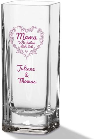GRAVURZEILE Blumenvase mit UV Druck - Mama (Wir haben...) - Personalisiert mit Namen - Moderne Vase aus Glas - Personalisierte Geschenke für Frauen - Deko Geschenkidee zum Muttertag - 20x8cm