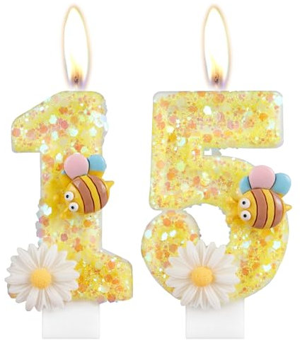 Blume Geburtstagskerzen, Zahl 15 Kerzen mit Biene für Kuchen, Mädchen 15 Geburtstag Dekorationen, Gelb Glitzer Geburtstagskerzen Honigbiene Kuchen Kerzen Topper für Mädchen Baby Geburtstag Party