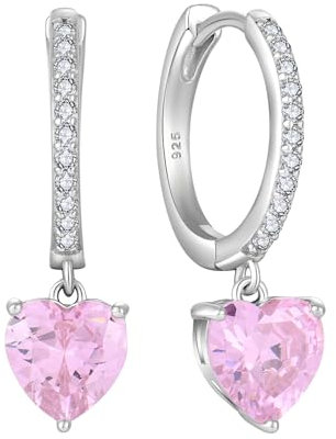Starchenie Ohrringe 925 Sterling Silber für Damen Creolen mit Zirkonia Herz Rosa Turmalin Geburtsstein Hängend Hypoallergen Kreolen Hängeohrringe