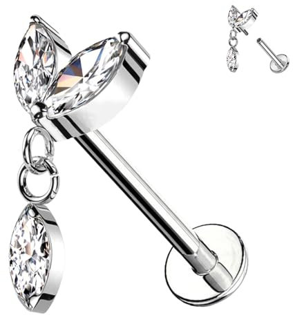 AWAKEN Titan-Labret-Piercing in Form von Blättern mit Anhänger und weißen Kristallen und mit Innengewinde PWC-181 Silber mit Transparent