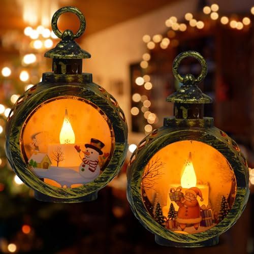 2Stück Weihnachtsdeko Laterne,Weihnachtslaterne mit LED Licht,Flammenlose Weihnachtskerzen,Weihnachten Beleuchtete Windlicht Weihnachten,für Weihnachtsdeko,Party (Wind Light Black, 8.5*12cm)