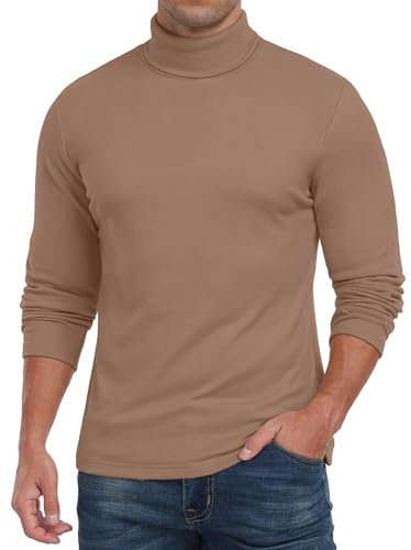 QIXING Mens Long Sleeve Thermal Underwear Tops Turtleneck Thermal Winter Warm Shirts for Mens Basic Layer Tops(Brown, L)
