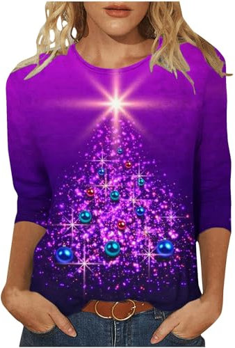 Womens Christmas Tops Light Up Christmas Tree Printed Tops Sparkly Wine Glass Xmas Shirts Crewneck Blouse Casual Pullover 3/4 Sleeve Tunic Tees for Work Officce Size 8-22