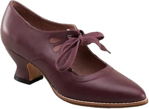 Women's Mary Jane Pumps Vintage Chunky Heel Lace Up High Heel Ladies Hollow Pointed Toe Dress Shoes for Daily(Rojo,6 UK)