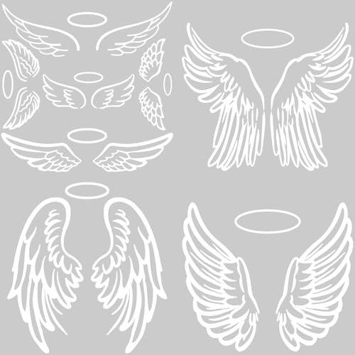 GORGECRAFT 4 Stil 4 Stück Tribal Angel Wings Autoaufkleber Weiß Reflektierende Saint Wings Auto Stoßstangenaufkleber Wasserdicht PET Automobil Außendekor Aufkleber Für SUV LKW Motorrad Türen Wände