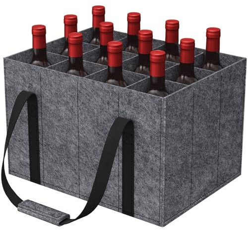 Lifewit Flaschentasche mit 12 Fächern, Filz Flaschentasche, Faltbare Filz Flaschentragetasche mit Griff für Wein, Getränke, Bier, Champagner, Weinflasche Getränketasche, Grau, 40 x 30 x 26cm