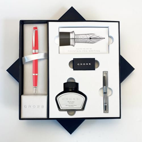 AT Cross Bailey Light Fountain Pen Luxury Gift Boxed - Choose Nib Width and Colour (Coral Fountain Pen Set, Fine Nib)