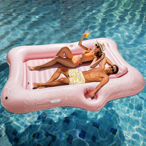 HeySplash Flotteur de Piscine Gonflable, Grand Bateau Flottant Gonflable pour Adultes avec Porte-Gobelet et Oreiller Détachable, Flotteur de Bronzage en Lac, Rivière, Eté, Fête de l'eau, Feuille Rose