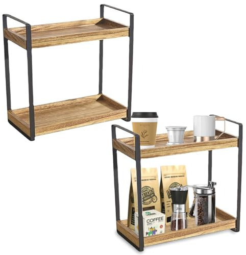 Gzsekken 2-Tier Coffee Bar Organiser, Minimalist Wooden Coffee Station, 2 Pack