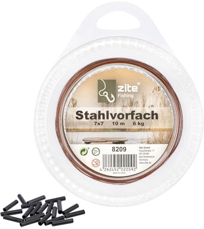 Zite Fishing Vorfachmaterial Stahl | Premium 7x7 Edelstahlvorfach für Raubfische 6-12kg | Vorfachmaterial zum Selberbauen | 10m Spule mit 20 Quetschhülsen | Nylonummantelung in Braun (6 kg)