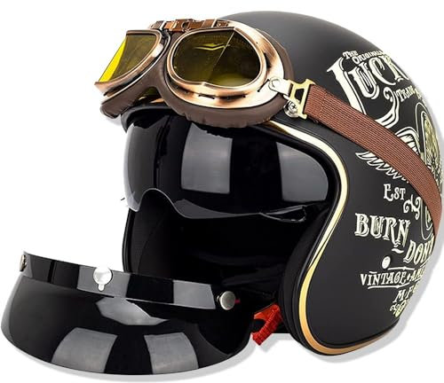 Adulti Caschi Jet Vintage, Retrò Stile Casco Con Visière,Omologato ECE/DOT Scooter Street Casco,Guscio In ABS,Estivo Moto Aperto Mezzo Casco,Casco A Crash Per Uomo Donna B,M