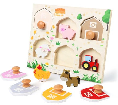 Nabance Holzpuzzle Montessori Spielzeug ab 1 Jahr Bauernhof Tier Puzzles Landfahrzeug Pony Holzspielzeug Motorikspielzeug ab 1 Jahr Geschenk für Baby Junge Mädchen 1 2 Jahr