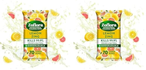 Zoflora Lemon Zing Antibacterial Biodegradable Multi-Surface Cleaning Wipes, Kills 99.9% of Bacteria & Viruses, Citrus Fresh Scent (Pack of 2)