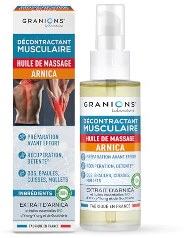 Granions | HUILE DE MASSAGE ARNICA | DÉCONTRACTANT MUSCULAIRE | Huile Essentielle Ylang Ylang et Gaulthérie BIO | Préparation et Récupération Sportive, Avant Après Effort | Fabriqué en France | 100 ml