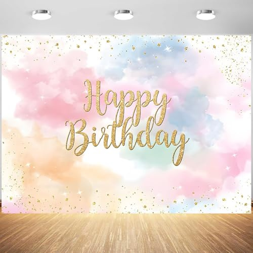 Hnmdmyi 2.1x1.5m Telón de Fondo Arcoiris Acuarela Nube Brillo Puntos Dorados Feliz cumpleaños Fondo de fotografía Baby Shower niños niñas Princesa Fiesta de cumpleaños Decoraciones Photo Booth Props
