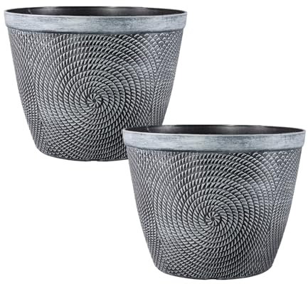 Round Silver Grey Plastic Plant Pot 23cm, 9inch Spiral Effect 5L Garden Indoor Outdoor Planter Cover Drainage Holes, Weather, Frost Proof Glossy Effcet (2)