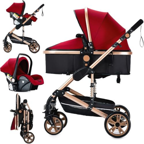 3 in 1-Kinderwagen-Buggy | Dreieckiger Stabilitätsrahmen & Federverdichtung vorderer Räder | Kompakter Ein-Knopf-Faltmechanismus für einfaches Lagern(Rot)