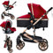 3 in 1-Kinderwagen-Buggy | Dreieckiger Stabilitätsrahmen & Federverdichtung vorderer Räder | Kompakter Ein-Knopf-Faltmechanismus für einfaches Lagern(Rot)