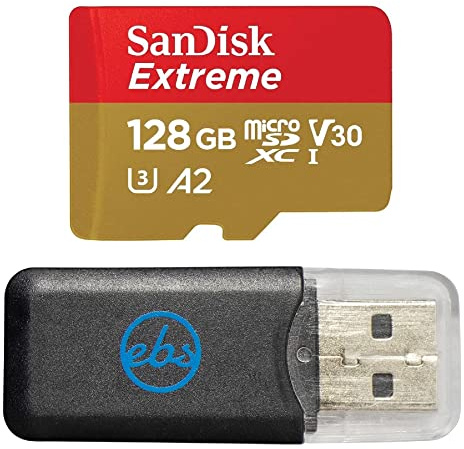 SanDisk Carte mémoire MicroSDXC Extreme 128 Go compatible avec Insta360 X3, X4 et X5 Action Camera (SDSQXAA-128G-GN6MN) V30 A2 Bundle avec (1) Everything But Stromboli MicroSD et lecteur de carte SD