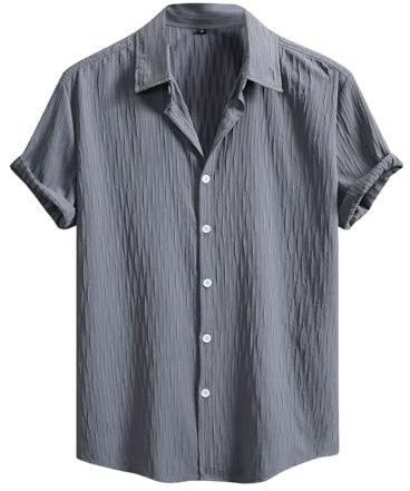 Camisa hawaiana para hombre, con botones, texturizada, sin planchado, ligera, transpirable, tropical, para vacaciones, verano, floral, informal, para fiesta en la playa, gris, S