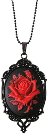 Niaspi Carved Rose Flower Cameo Pendant Necklace for Women Vintage Gothic Black Victorian Antique Beaded Chain Neckalces Boho Embossed 3D Floral Mystic Statement Jewelry (Red)
