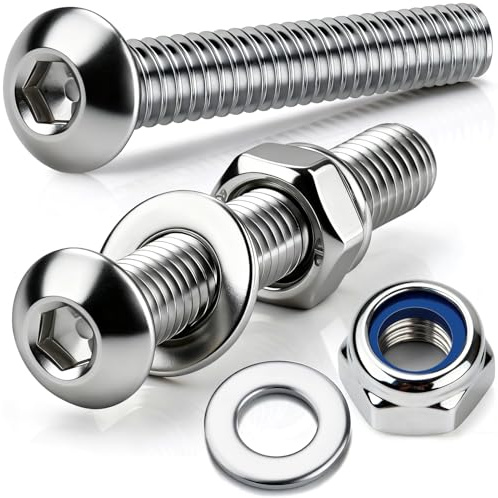 qjuwhua M6 x 40mm Button Head Bolts with Nyloc Nuts and Washers Pack of 15 Fully Threaded Socket 6mm A2 Stainless Steel Bolts and Nuts for Machine Fastener Silver