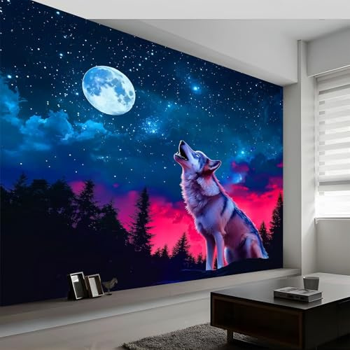 Nachthimmel Wald Sternenhimmel Wolf Fototapete 350 x 256 cm Wanddeko Tapete Vlies Tapeten, Fantasy-Kunst Fotoplakat Wanddeko Design Wand Dekoration Wohnzimmer Schlafzimmer Büro Flur