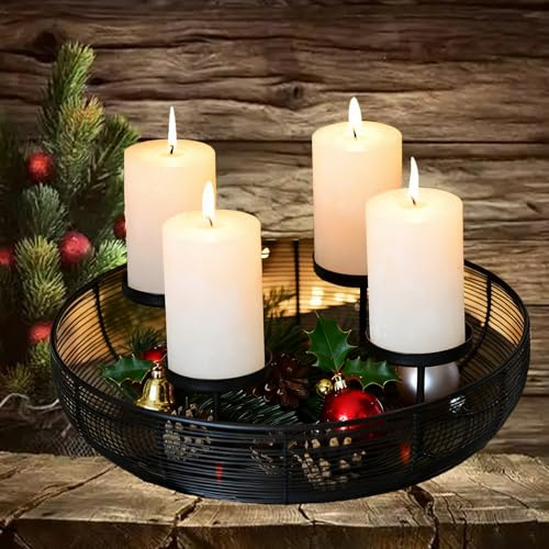 DFADKYWU Adventskranz Metall Schwarz, Schwarz Adventkranz Gestell Adventskerzenhalter Schale, Moderner Kerzenhalter für 4 Stumpenkerzenn, Runder Kerzenhalter für Advent Weihnachtsdeko
