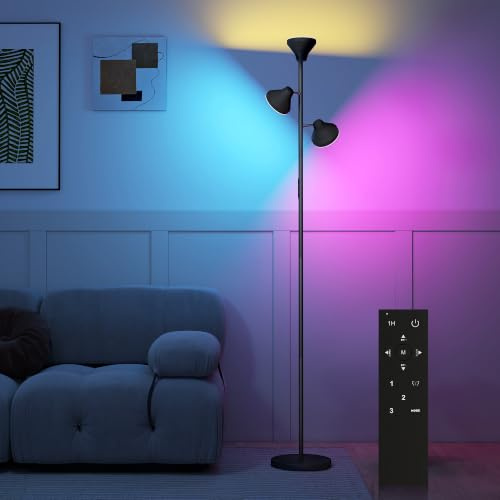 HOMCOM Lampadaire LED RGB 36W lampadaires sur pied salon dimmable 2700K-6000K 4150 lm lampe sur pied forme d'arbre avec à intensité variable 3 têtes rotatives télécommande et contrôle tactile noir