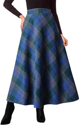 Minetom Jupe Longue Femme Hiver Élégant Carreaux Haute Taille Maxi Jupes en Laine A-Line Taille Élastique Skirt