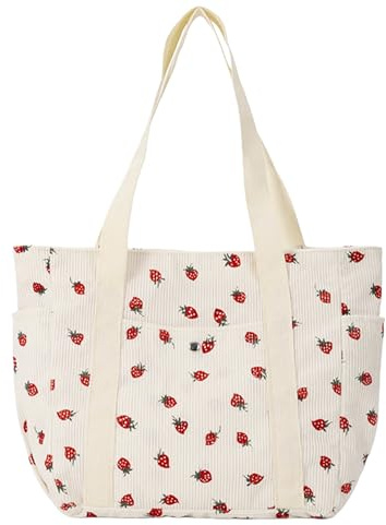 Biliant Tragetasche, Erdbeer-Print Tote Bag, Umhängetasche Damen Cordtasche Strandtasche Cord Tasche,Handtasche Damen,für Alltag, Büro, Schulausflug, Einkauf
