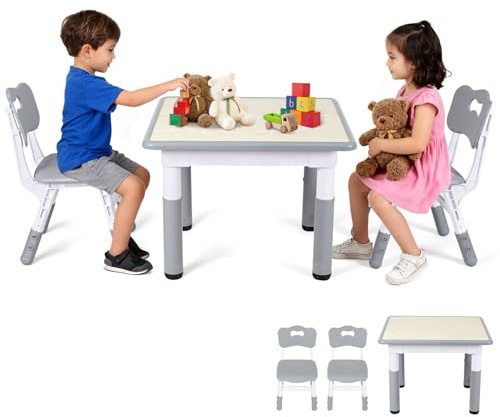 ISOISL Kindertisch mit 2 Stühlen Set, 7-Fach höhenverstellbar, 60x60 cm Maltisch & Aktivitätstisch, kindersitzgruppe mit Zeichenfläche, Grau Holzdruck