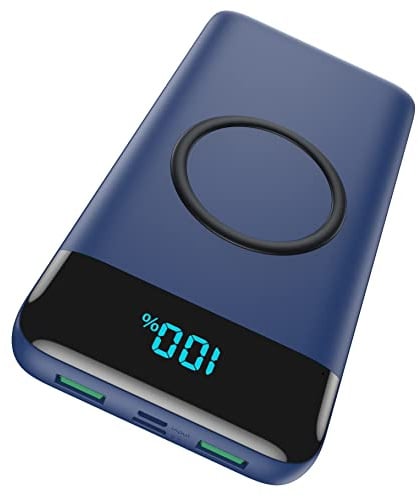 Wireless Powerbank Schnellladen 26800mAh, Power Bank 25W PD3.0+QC4.0, 15W Wireless Charger Powerbank 4 Outputs USB C Externer Akku mit LCD Display Kompatibel mit iPhone Huawei Samsung Oppo-Blau