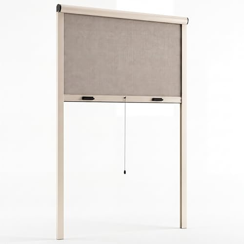MAKA Zanzariera a Rullo Riducibile per Finestra, Zanzariera Avvolgibile con Chiusura Rallentata, Struttura in Alluminio Tagliabile su Misura, Rete con Cassonetto 39x47 mm (Avorio, 80x170 cm)
