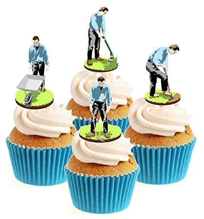 Sprinkles & Toppers Ltd Retro Gardeners Collection Wheelbarrow, Spade, Strimmer, Cutters Edible Stand Up Wafer Paper Cake Toppers (12 Pack)