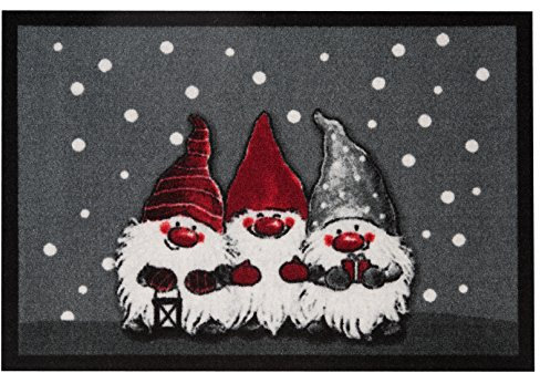 Hanse Home Printy Fußmatte für Innen und Außen 40x60cm - Schmutzfangmatte Türmatte Christmas Dwarfes mit Zwergen-Motiv Waschbar & Wetterfest, rutschfest für Eingangsbereich & Außenbereich – Grau